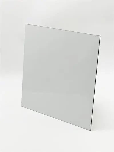 A large, thin, square sheet of clear glass stands upright like dock door signs on white.