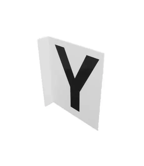 A black letter Y on a white, L-shaped corner wall for branded warehouse signs.